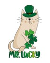 Mister Lucky - funny St Patrick\'s Day design. Cute cat in hat, and with clover leaves.