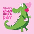Snappy Valentine\'s Day - funny alligator with balloons.