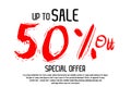 Discount with the price is 50 Percent Off Red Color Brush Text