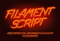 Filament Script alphabet font. Glowing neon letters and numbers.