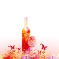 Elegant wine glass and bottle with flowers. Floral aroma wine in goblet. Colorful stemware with alcoholic beverage for celebration Royalty Free Stock Photo