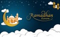 ramadan kareem banner with paper cut shape mosque, moon, arabic lantern and clouds. banner to say welcome month of ramadan and hap Royalty Free Stock Photo