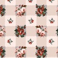 cute cream vector rose flowers bunches pattern on plaid background