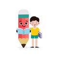 Kid Posing With Pencil Character, Back to school, cartoon Children flying on pencil, kids riding big pencil in the sky, education Royalty Free Stock Photo