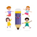 Children Posing With Pencil Character, Back to school, cartoon Children flying on pencil, kids riding big pencil in the sky Royalty Free Stock Photo