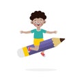 Kid Posing With Pencil Character, Back to school, cartoon Children flying on pencil, kids riding big pencil in the sky, education Royalty Free Stock Photo