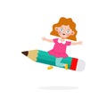 Kid Posing With Pencil Character, Back to school, cartoon Children flying on pencil, kids riding big pencil in the sky, education Royalty Free Stock Photo