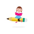 Kid Posing With Pencil Character, Back to school, cartoon Children flying on pencil, kids riding big pencil in the sky, education Royalty Free Stock Photo