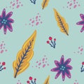 Flat hand drawn floral pettern with purple flowers, branches, yellow leaves Royalty Free Stock Photo