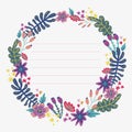 Round floral border frame with hand drawn flowers and leaves, template for invitation Royalty Free Stock Photo