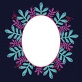 Decorative colorful botanical oval frame with purple and turquoise leaves Royalty Free Stock Photo