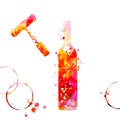 Wine bottle with flowers and corkscrew. Floral aroma wine in a bottle. Colorful alcoholic beverage for celebrations and special o Royalty Free Stock Photo