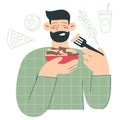 Man eating potato with a fork. Flat vector minimalist illustrations with kitchen staff, cooking and food Royalty Free Stock Photo