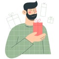 Happy man smiling with a gift box. Flat vector minimalist illustrations of free time spending and hobbies