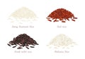 Rice of different types. Heap of grains of red rice, long basmati rice, dark wild rice and arborio. Royalty Free Stock Photo