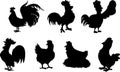 Roosters Hens silhouette set Royalty Free Stock Photo