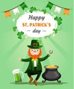 Happy St. Patric\'s day illustration fun leprechaun with clover. Green orange white festive colors. Irish celebrate card