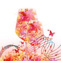 Elegant wine glasses with flowers and musical notes. Floral aroma wine in goblet. Colorful stemware with alcoholic beverage for ce Royalty Free Stock Photo