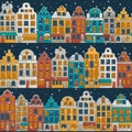 Vector seamless background with a winter European town. Hand drawn colorful houses with falling snow.