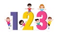 Cartoon kids with 123 numbers, children with Numbers isolated white background Vector Illustration. Royalty Free Stock Photo