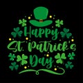 Happy St. patrick\'s Day - handwritten greeting with clover leaf and green hat. Isolated on black background. Royalty Free Stock Photo