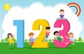 Cartoon kids with 123 numbers, children with Numbers isolated poser background Vector Illustration