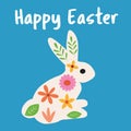 Cute white easter white rabbit silhouette with flowers, in orange, pink ,yellow and green leaves on blue background. Royalty Free Stock Photo