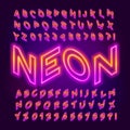 3D Isometric Neon alphabet font. Two neon colors letters and numbers.