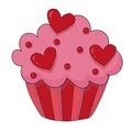 Cupcake for Valentine Day or Birthday with red hearts and sprinkles. Icon sticker dessert design. Vector sweet illustration. Royalty Free Stock Photo