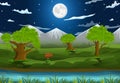 Vector illustration of cartoon night landscape background with full moon, stars, mountain, trees, lake, grass. Royalty Free Stock Photo