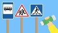 Road signs - bus stop, caution children, pedestrian crossing Royalty Free Stock Photo