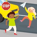 A boy and a girl are launching a paper plane near the roadway Royalty Free Stock Photo