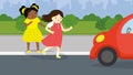 The girl crosses the road in the wrong place and her friend pulls her back by the hand