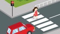 A girl crosses the road at a pedestrian crossing at a red traffic light Royalty Free Stock Photo