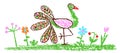 Tropical crazy fantastic doodle bird peacock or flamingo and flower meadow.