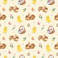 Watercolor Easter background.Texture with tulips,cute yellow chickens,bunnies,basket and colorful eggs Royalty Free Stock Photo