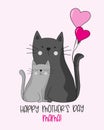 Happy Mother\'s Day Mama - Cute mama cat with balloons and little kitty hand drawn vector illustrartion. Royalty Free Stock Photo