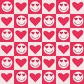 Checkered smiley faces with red hearts in their eyes seamless pattern on red and white checkerboards Royalty Free Stock Photo