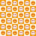 Checkered smiley faces with stars in their eyes on orange and white squares.