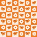 Checkered cute birds and flowers on orange and white squares seamless pattern. Royalty Free Stock Photo