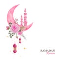 Ramadan greeting design, floral watercolor crescent moon and minarets illustration