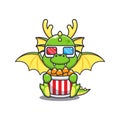 Cute dragon eating popcorn and watch 3d movie cartoon vector illustration.