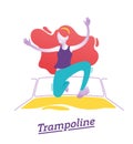 Girl, woman is playing on trampoline in a fun park. Happy young girl jumping, wearing socks. Vector illustration