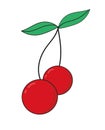 Two red cherries on the branch with leaves. Fruit vector illustration. Dessert sweet cherry food sticker icon. Royalty Free Stock Photo
