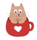 Cute cat in red cup with heart. Romantic Valentines Day vector illustration for greeting card or poster. Royalty Free Stock Photo