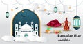 Eid Mubarak, beautiful Ramadan Kareem greeting card design. Islamic calligraphy with beautiful lanterns mosque Miner. Royalty Free Stock Photo