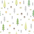 Cute forest seamless pattern. Background with trees, mushrooms and plants. Royalty Free Stock Photo