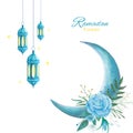 Blue crescent moon and hanging lanterns illustration, watercolor Ramadan greeting design