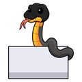 Cute northern ringneck snake cartoon with blank sign