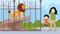 Mother and son with lion in the cage.